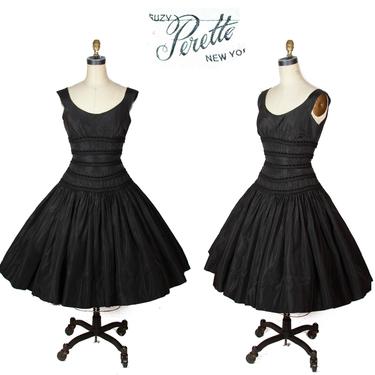 1950s Dress ~ Designer Suzy Perette Black Full Skirt Sleeveless Party Dress 