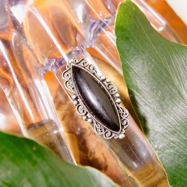 Vintage Art Deco Sterling Silver Black Onyx Ring, Ornate Navette Onyx Stone Ring, Long Finger Ring, Tobiara Mexico Sterling, Size 7 US 