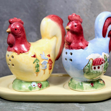 Hen and Rooster Salt &amp; Pepper Shaker Set - Country Home and Bird House Decorated Chicken and Rooster - Hand Painted  | FREE SHIPPING 