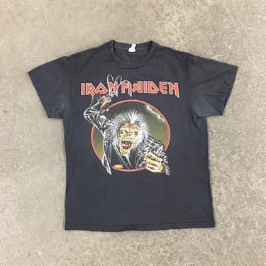 Vintage Iron Maiden Tee 1980s Retro Unisex Size Medium + Skeleton with Claw + Leather Jacket + Black Cotton + Heavy Metal + Band T Shirt 