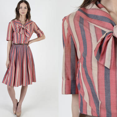 Vintage 50s Sailor Striped Dress / Nautical Inspired 1950s Dress Bow Tie / Wide Roll Collar /  Button Up Preppy Midi Mini Dress 