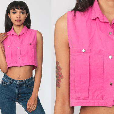 Pink Crop Top Cropped Blouse 90s Tank Top Shirt 80s Sleeveless Shirt Collared Button Up Shirt Boho Top Plain Normcore Vintage Small 