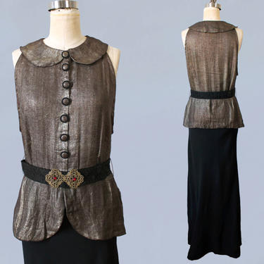 1930s Gown / 30s Metallic Gold Lame and Black Crepe Evening Dress / AMAZING / Metal Fibers / Rare M L 