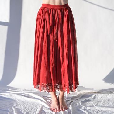 Vintage 70s Italian Scarlet Red Pleated High Waisted Peasant Skirt w/ Triangle Floral Hemline | Made in Italy | 1970s Designer Boho Skirt 