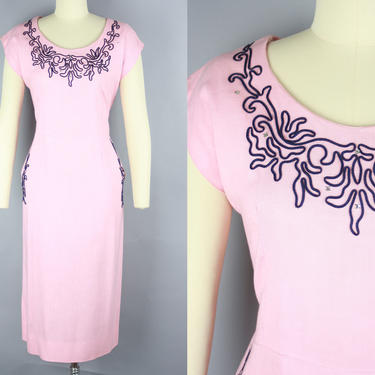 1960s Soutache &amp; Rhinestone Dress | Vintage 50s 60s Pink Linen Dress with Navy Embellishment | large 