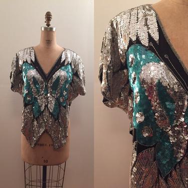 Super silver blue and blsck butterfly top 