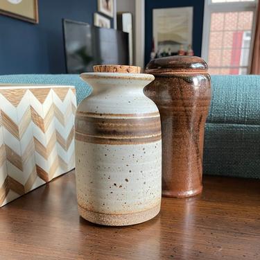 Vintage Striped Stoneware Apothecary or Spice Jar, Stash with Cork Top - Studio Pottery, Handmade, Rustic Kitchen Storage Canister Container 