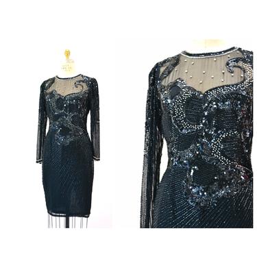 80s 90s GLAM Vintage Black Beaded Sequin Party Cocktail Dress Small Medium by Nighline Black Silk Long Sleeve Party Pageant Sequin Dress 