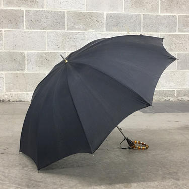 Vintage Umbrella Retro 1960s Black Vinyl Canopy with Orange Plastic Bead Handle + Parasol + Outdoor + Weather Rain Gear + Mid Century Style 