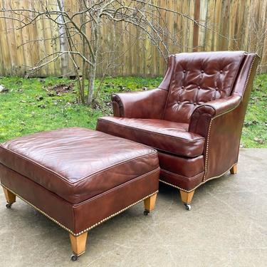 VTG Brown Leather HERITAGE CLUB CHAIR &amp; OTTOMAN Footstool MCM Lounge Sofa Couch