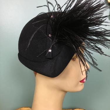 1940s hat, black wool felt, vintage 40s hat, feather hat, cloche style, rhinestone hat, hollywood glamour, film noir, avant garde, polack 
