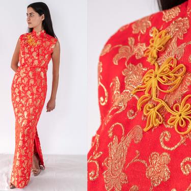 Vintage 50s Red &amp; Metallic Gold Leaf Jacquard Cheongsam Mandarin Maxi Dress | Pinup, Bombshell, Wiggle Dress | 1950s Asian Mandarin Gown 