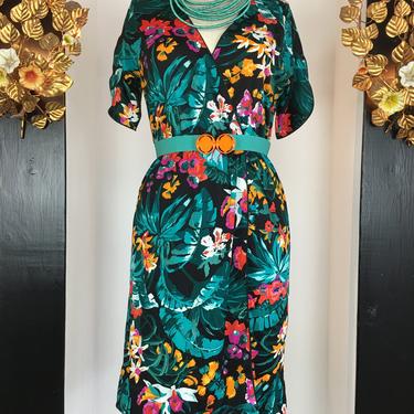 1970s floral dress, vintage 70s dress, wrap style dress, tropical print dress, medium, black flower print, split sleeve dress, polyester 