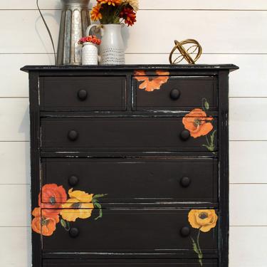 Vintage Dresser &#8211; Black with Poppy Flowers
