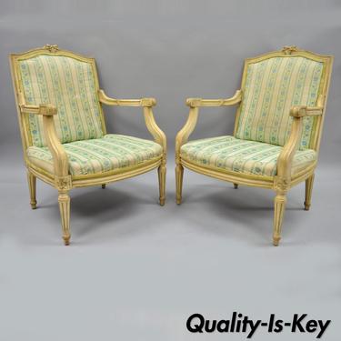 Pair of Vintage French Louis XVI Provincial Style Cream Painted Arm Chairs