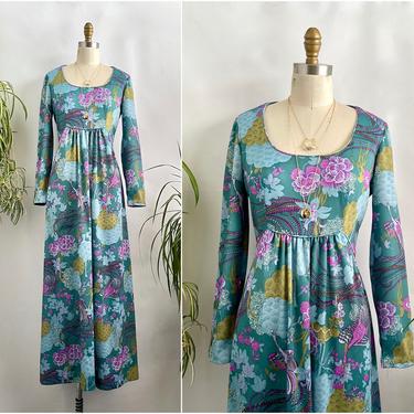 ANDREA GAYLE Vintage 70s Bird of Paradise Dress | 1970s Floral Print Double Knit Maxi | 60s 1960s Psychedelic Chic Hippie Boho | Size Medium 