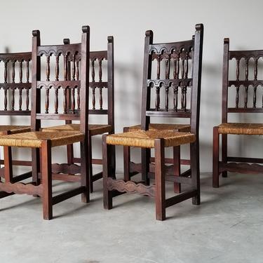 French Country Handmade Rustic Wood and Woven Rush Dining Chairs - Set of 6 