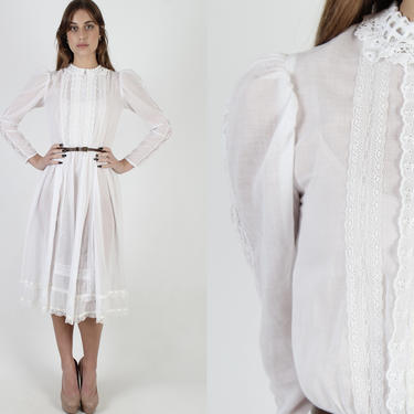 All White Gunne Sax Dress / Tiny Collar Romantic Bridal Dress / Vintage 70s Victorian Crochet / Sheer Country Prairie Lawn Midi Mini Dress by americanarchive