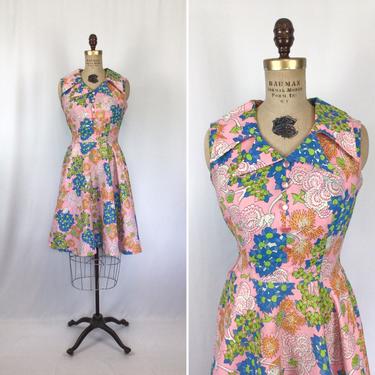 Vintage 60s dress | Vintage pink floral print fit and flare dress | 1960s novelty print shirt waist dress 