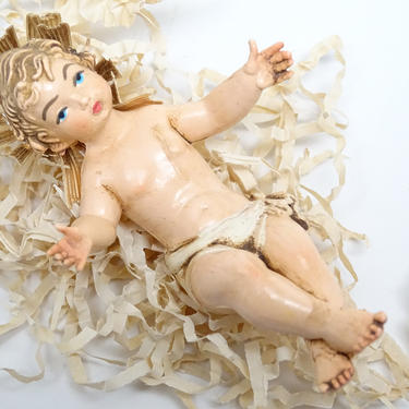Antique 1940's German Baby Jesus with Gold Foil Halo, Hand Painted for Christmas Nativity Creche or Putz, Germany US Zone 
