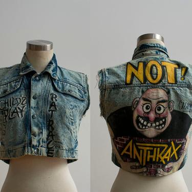 1980s Metal Vest / Signed 1980s Anthrax Denim Vest / Hand Painted Heavy Metal Denim Vest / Childs Play / Ratrace / Acid Wash Denim Vest XS 