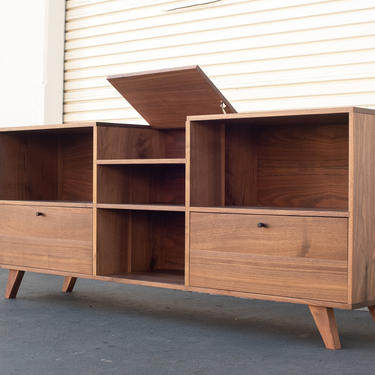 Flip Top Record Console With Drawers | Solid Walnut Mid-Century Vinyl Player Media Cabinet Stand 