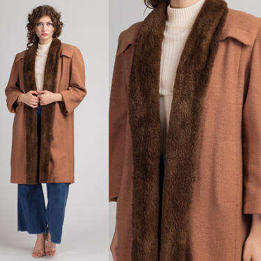 Vintage Tan Faux Fur Trim Overcoat - Large | 70s 80s Damon's Wool Coat Long Winter Jacket 