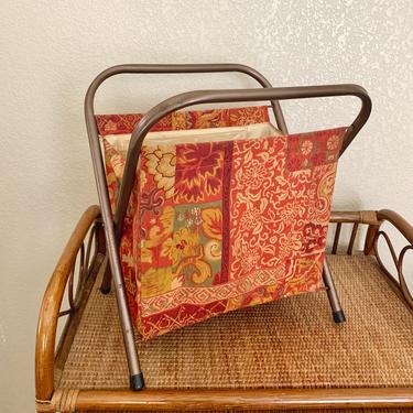 Craft or Sewing Basket, Lightweight Metal Frame Handle, Fabulous Fabric, Home Organization Storage, Vintage 60s 70s 