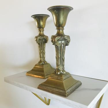 1940s Solid Brass Rams Head Candle Holders