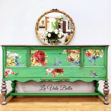 Charming Farmhouse Style Buffet, Sideboard, Server, Hand Painted, Vintage, Antique, Green, Florals 