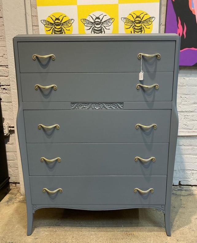 Grey painted chest of drawers, 36” x 21” x 49” H 