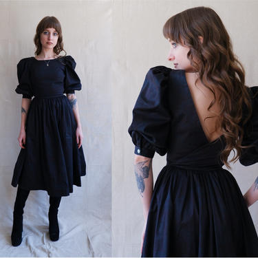 Vintage 80s Laura Ashley Puff Sleeve Dress/ 1980s Black Jacquard Prairie Dress/ Size XS 