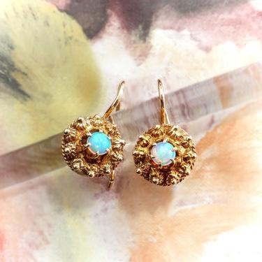 Vintage Opal Gold Earrings Estate Circa 1950's .50ct t.w. Round Crystal Opal French Hook Earrings 14k Yellow Gold 
