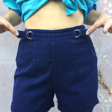 vintage 40s shorts | navy blue high waisted cotton shorts | side snap buttons side belts with buckles 
