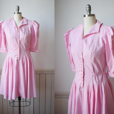 1980s Pink Cotton Frock | Vintage 80s Day Dress with Large Structured Sleeves | Full Skirt | Button Down | M 