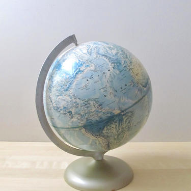 ice blue Rand McNalley vintage topographic World Portrait globe silver metal stand - pre Soviet dissolution 