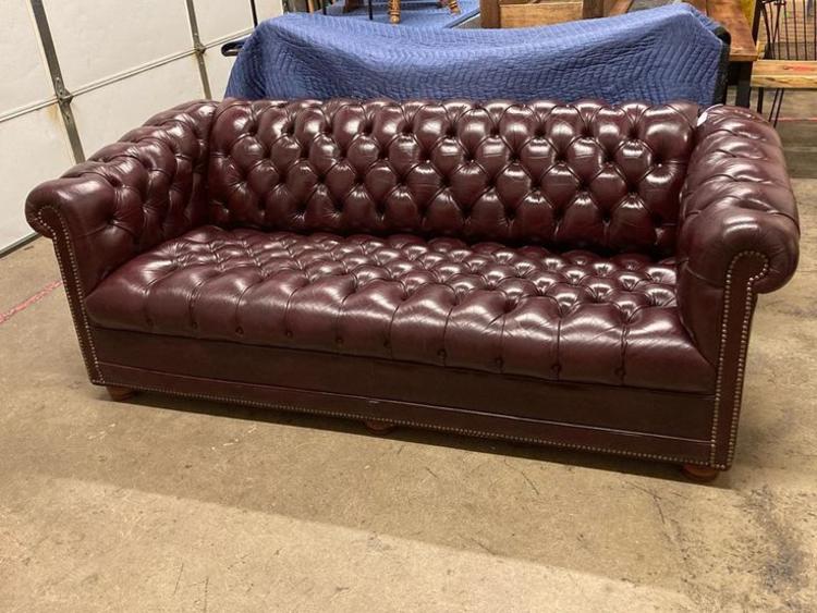 Hancock and Moore leather chesterfield sofa. 76” x 33” 16”. Seat is 21” deep 60” long x16” high. 
