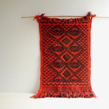 Vintage Red and Black Handwoven Textile, 36&amp;quot; x 20&amp;quot; Woven Wall Hanging, Small Red and Black Rug, Geometric Weaving with Fringe 