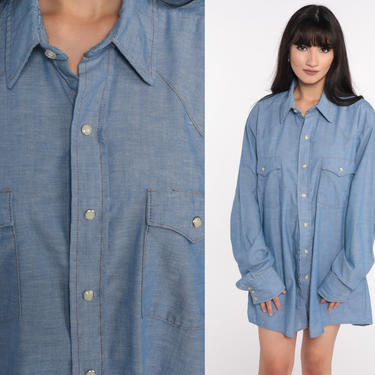 Chambray Western Shirt Small Western Shirt 70s Blue Denim Yoke Long Sleeve Vintage Seventies Cotton Button Up 1970s Blue Extra Large xl l 
