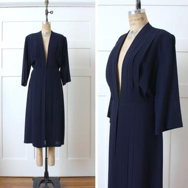 volup vintage 1940s redingote dress • navy blue rayon crepe pleated over-dress duster 