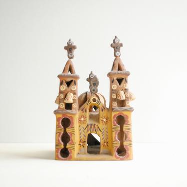 Vintage Mexican Folk Art Church, Mexican Lantern or Incense Burner, Miniature Pottery Church 