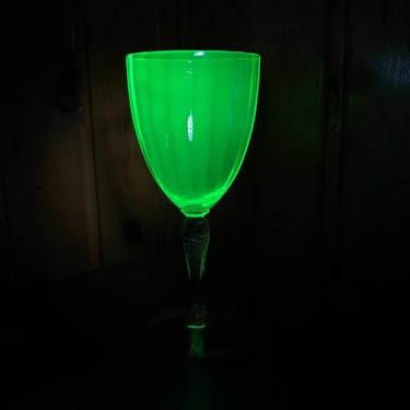 Vintage Fry Glass Uranium Glass Optic Twisted Stem Water Goblet 