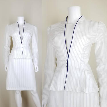 Vintage 80s White Skirt Suit, Medium / Blue Pinstripe Jacket & Skirt Set / Pleated V Neck Jacket / Midi Pencil Skirt / Sailor Pinup Style 