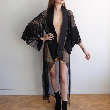 Vintage 90s JEAN PAUL GAULTIER Femme Mesh Robe/ 1990s Designer Kimono Style Sheer Duster with Lace Sleeves/ Open Size 