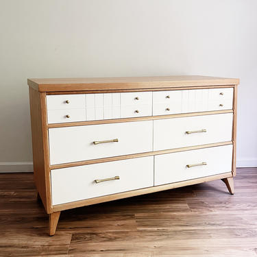 White + Natural Wood Mid Century Dresser 