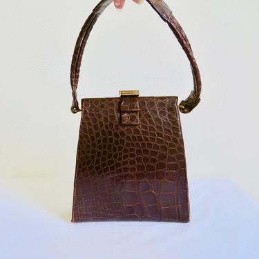 Vintage 1940's 50's Brown Alligator Skin Leather Purse Gold Metal Clasp Hardware Top Handle Rockabilly Swing 40's Handbag Duette 