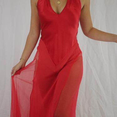 Vintage Crimson Red Silk Floor Length Slip Dress with Sheer Side Panels - Victoria’s Secret Silk Dress - XS/S 