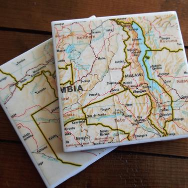1989 Zambia Malawi Vintage Map Coaster Set of 2. African décor. Malawi Map. Zambia Lusaka Map. Gift Africa. Vintage Africa Map. Sub Saharan. by allmappedout