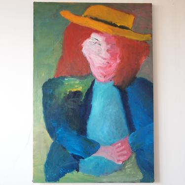Original Greg WEAVER PORTRAIT PAINTING Woman in Hat 36x24&amp;quot; Acrylic / Canvas Vintage Mid-Century Modern Art Abstract colorful eames knoll era 