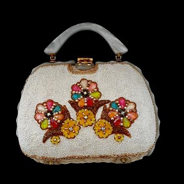 Vintage Adele of Miami Beaded Floral Hard Wicker Handbag 
